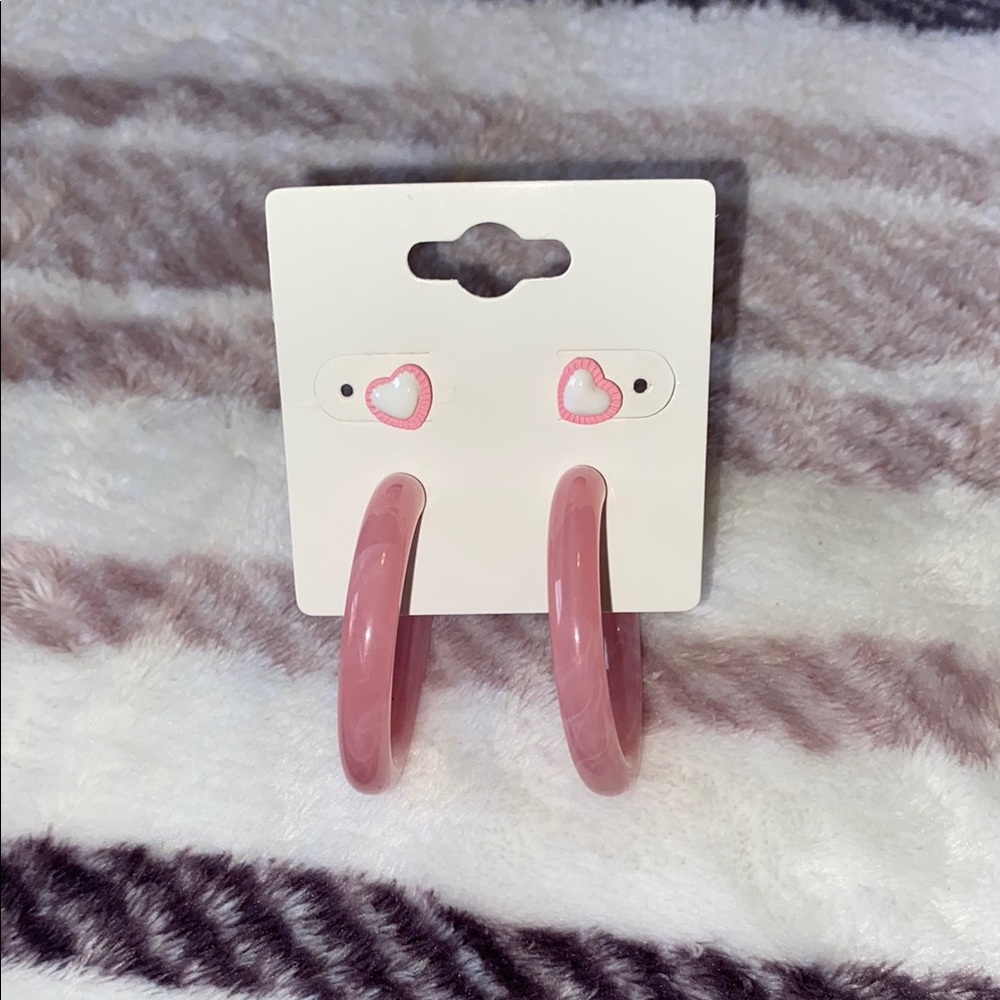 Pink Heart Stud and Hoop Earring Set